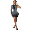 C5896 AliExpress Amazon Vestido midi de malha transparente vazado de manga única com gola redonda de strass quente de boate europeu e americano