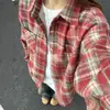 Jaqueta Camisa Xadrez Vermelho Retrô Americana para Mulheres no Outono e Inverno Camisa Espessa Escovada de Manga Longa Top Casual Preguiçoso