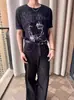 Camiseta de Verano para Hombre de Manga Corta, Color Sólido, Corte Holgado, Estilo Americano Moderno, Impresión de Música Nocturna de Ébano, Gama Alta