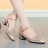 Sandálias de Rede 2022 Novo Salto Grosso Feminino Camada Única Sapatos de Fivela Dourado Sapatos Vazados de Verão para Mulheres de Meia Idade