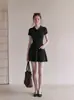 Impresionante vestido tipo camiseta de manga corta con cuello polo negro para mujer, para verano, entallado en la cintura, adelgazante, elegante y lindo