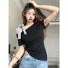 Transfronterizo una generación de verano temperamento francés correa de lazo hombro asimétrico manga corta camiseta abrigo talla grande para mujer