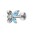 Jiangtai F136 Titânio Estilo Ins Design Borboleta Zircônia em Ambos os Lados Stud de Osso da Orelha Stud de Lábio Corpo em Liga de Titânio G23 Joia para Piercing Corporal
