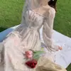 Primavera e Verão novo estilo bonito manga comprida chiffon vestido fada Super fada Mori estilo suave chá break francês primeiro amor vestido