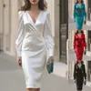 Amazon Aliexpress Moda Femenina Europea y Americana Ins Vestido de Satén de Manga Larga Otoñal con Escote en V, Ceñido a la Cintura, Bodycon, Adelgazante para Mujer
