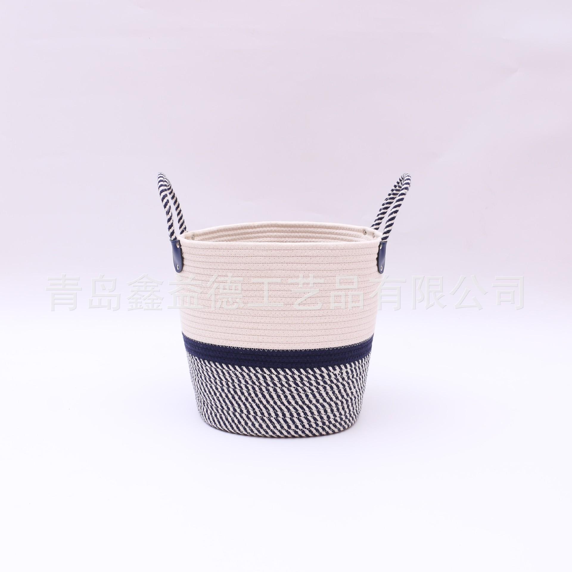厂家定制批发蓝白条纹色棉绳收纳篮筐