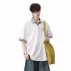 Estilo Retro Americano Falso Duas Peças Xadrez Gola Reversível Manga Curta Unissex Verão Patchwork Camisa Polo T-Shirt Resistente Solta Meia Manga