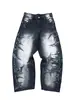 Pantalones de Mezclilla Estampado de Espinas Y2K Color Vintage Oscuro Pierna Ancha Tipo Cimitarra Unisex Street Hip-Hop Pierna Recta Pantalones de Moda