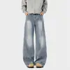Jeans Retro Americanos Lavados con Parches Curvos para Hombres y Mujeres, Pantalones de Pierna Ancha Acampanados de Peso Pesado, Holgados, Negros, de Largo hasta el Suelo