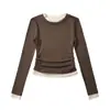 Bt716-25 Nuevo Estilo de Invierno Estilo Europeo y Americano Falso Dos Piezas Color de Contraste Cintura Fruncida Cuello Redondo Manga Larga Camiseta Casual