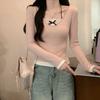 Camiseta Patchwork de Manga Longa com Decote V e Caranguejo de Cinco Listras para Mulheres, Novo Estilo Primavera e Outono, Camada Interna Falsa de Duas Peças, Top Curto de Cintura Alta, Estilo Ins