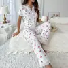 Pijama de Mujer Estilo Europeo y Americano Transfronterizo Otoño e Invierno Sexy Cuello en V Encaje Estampado de Cerezas Camiseta Pantalón Ajustado Ropa para el Hogar