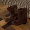 Botas retro de gamuza con punta redonda y tacón grueso, botas western plisadas, botines adelgazantes para mujer