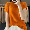 Suéter de punto para mujer, cuello redondo, color liso, con diamantes, manga corta, tejido fino de lana peinada, estilo casual, para commuting