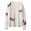 Tricô Puro Caxemira Feminino Macio Fofo Estilo Preguiçoso Textura Escovada Jacquard Floral Estilo Suave Suéter Engrossado Inverno Branco