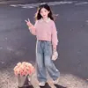 Conjunto de Chicas 2026 Estilo Universitario Top con Cuello Polo Jeans con Lazo Conjunto de Dos Piezas de Moda Tendencia