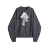Cárdigan de punto con lazo de encaje para mujer, otoño e invierno, con botones en forma de corazón, suéter de corte holgado, top suave y femenino, prenda de abrigo