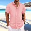 Explosiones transfronterizas Amazon AliExpress Nueva Camisa Casual Holgada de Manga Corta de Algodón y Lino a Rayas Jacquard para Hombre