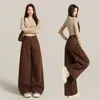 Jeans de pierna ancha color caqui retro americano para mujer, diseño de bolsillo suelto de cintura alta para otoño, pantalones rectos color café marrón