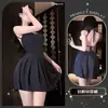 Encantador Lencería Erótica Sexy Dulce Picante Vestido Sin Espalda con Cordones Ceñidor de Cintura Estilo Puro Deseo Escote en U Hueco Set Qqny