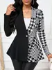 Moda Femenina para Exportación: Blazer de Patrón de Espiga Patchwork con Cintura Ajustable, Cuello Alto, Botón Único, Mangas Largas, Corte Entallado, Estilo Ol para Viajes