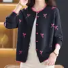 Cárdigan de Punto Redondo Estampado Adelgazante Reductor de Edad para Mujer Temporada de Primavera y Otoño Botones con Decoración de Lazo Suéter Chaqueta Delgado