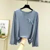 Nova camiseta de verão estilo redondo com babados, top casual feminino de manga longa com design de laço irregular, camisa de nicho