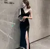 Vestido de Noche de Banquete con Hombro Caído, Temperamento, Diseño de Celebridad, Cuello en V, Sin Mangas, Vestido con Abertura, Ropa de Trabajo Técnica