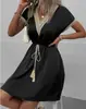 Amazon 2023 Comercio Exterior Transfronterizo Europeo y Americano Primavera y Verano Vestido de Encaje de Color Sólido de Manga Corta con Cuello en V y Ajuste en la Cintura Moda