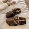 Pantuflas de cuero Birkenstock de suela gruesa forradas de pelo 2026 nuevo estilo mujer invierno punta cerrada sin cordones cálidos zapatos de algodón mujer