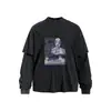 Camiseta de manga larga de dos piezas falsas con estampado vintage desgastado, estilo oscuro, camiseta casual holgada para hombre para primavera y otoño, moda callejera INS