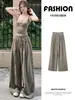 Pantalones de pierna ancha casuales de verano finos para mujer, color verde grisáceo, tiro alto, corte holgado, estilo americano, con botón y cordón