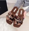 Sapatos Peludos Femininos para Uso Externo, Novidade Outono e Inverno 2024 Versátil Salto Grosso Bico Quadrado Strass Slip-On Chinelos de Algodão