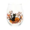 Copa de vino temática de Halloween con patrones de fantasma, gato negro, calavera y calabaza, copa de vidrio decorativa con ambiente festivo