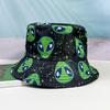 Verano 2025 nuevo sombrero para el sol niños verde caricatura cara sonriente alien estampado sombrero de pescador estudiante sombrero de cubo mujeres
