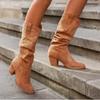 Wish Botas de Mujer de Talla Grande Transfronterizas Europeas y Americanas 2020 Otoño e Invierno Nuevas Punta Redonda Tacón Grueso Gamuza Botas Altas de Caballero Botas