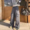 Calça de trabalho retro americana para mulheres, calça casual estilo dopamina nova para primavera e outono, corte solto com bolsos grandes, calça longa de perna larga