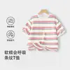 Camiseta de Verano Nueva de Algodón Puro a Rayas de Manga Corta para Niños Pequeños, Top Delgado Holgado Elegante de Media Manga para Niños