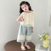 Conjunto de Calças Verdes de Feijão com Renda e Calças de Pernas Largas Moda Coreana Infantil Estiloso Casual Conjunto de Duas Peças Roupa de Verão