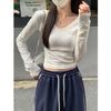 Camisa Base Slim Fit de Gola V para Mulheres Estilo Coreano Hot Girl Manga Curta Longa para Figuras Petites Primavera 2026