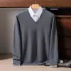 Suéter 100% cachemira pura para hombre, jersey de cuello en V, color liso, nueva camisa base de punto casual de negocios para otoño e invierno de manga larga