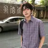 Camisa de Manga Corta a Cuadros Azules Retro Americana para Hombres y Mujeres, Estilo Juvenil de Verano, Camisa a Cuadros de Hombro Recto