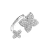 Anillo de Trébol Tachonado de Diamantes Estilo Minimalista de Lujo Ligero Anillo Abierto Ajustable para Dedo Índice Elegante Francés Joyería Ins