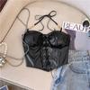 Dulce Spice Girl Chaleco de Cuero PU Negro con Cordones al Cuello para Mujer Principios de Otoño Puro Deseo Tirantes Sin Mangas Almohadilla en el Pecho Top de una Pieza