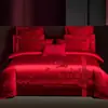 Juego de cuatro piezas para boda, todo algodón, festivo, diseño de dragón y fénix, ropa de cama de algodón puro para bodas, recién casados y parejas recién casadas, con una funda de edredón rojo brillante