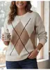 Suéter de Punto Retro con Patrón de Diamantes y Cuello Redondo para Mujer, Holgado y Suave, Color de Contraste a Cuadros, Top Casual de Otoño e Invierno