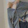 Cárdigan de Lana de Cuello Redondo Nuevo de Otoño e Invierno Abrigo Pequeño para Mujer Ajustado Estilo Coreano Tejido de Punto a Rayas Abrigo Tejido Gris