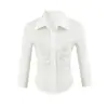8711-Estilo Europeo y Americano Primavera y Verano 2026 Nuevo Estilo Solapa Cintura Ceñida Adelgazante Top, Estilo Chica Caliente Sexy Camisa de Manga Tres Cuartos