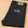 Calça masculina de algodão de espessura média com cinco bolsos para o outono, corte reto slim, lavada, cor sólida, cintura média, jeans, calça casual masculina
