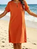 Vestido midi casual de estilo europeo y americano 2026, con cuello en V y cuello redondo, mangas acampanadas, corte A holgado, ropa para mujer de talla grande